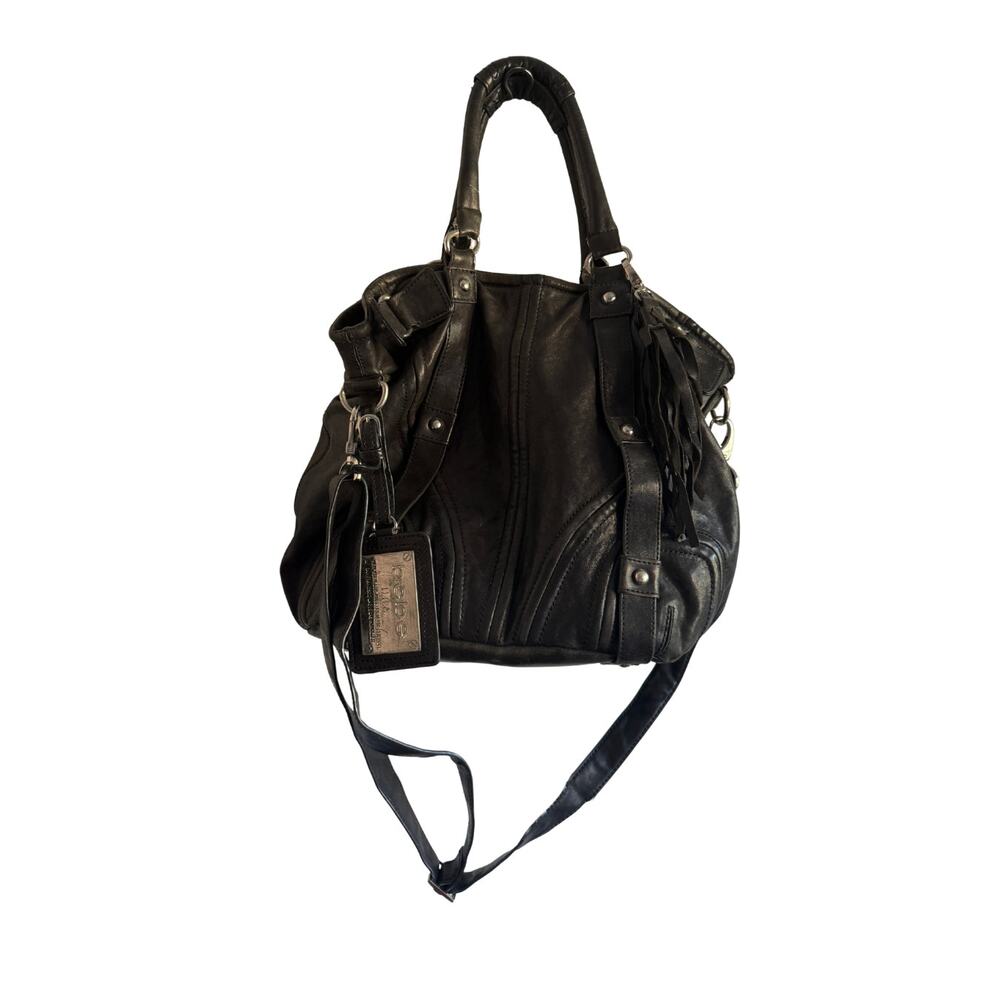 Black Leather Bebe Tote Bag with shoulder strap silver hardware - Picture 2 of 7